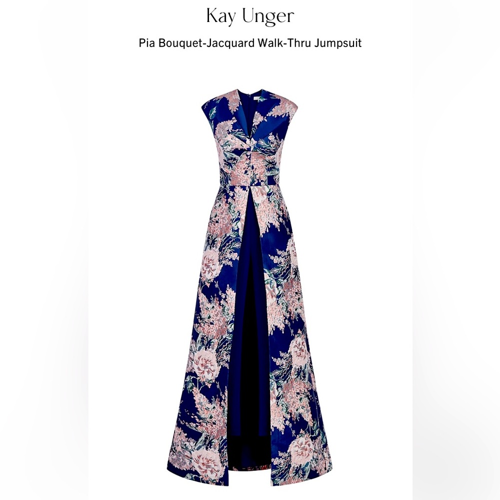 Kay Unger Pia Maxi Jumpsuit in Size 8, Marine Blue/Rose Tan Multi
